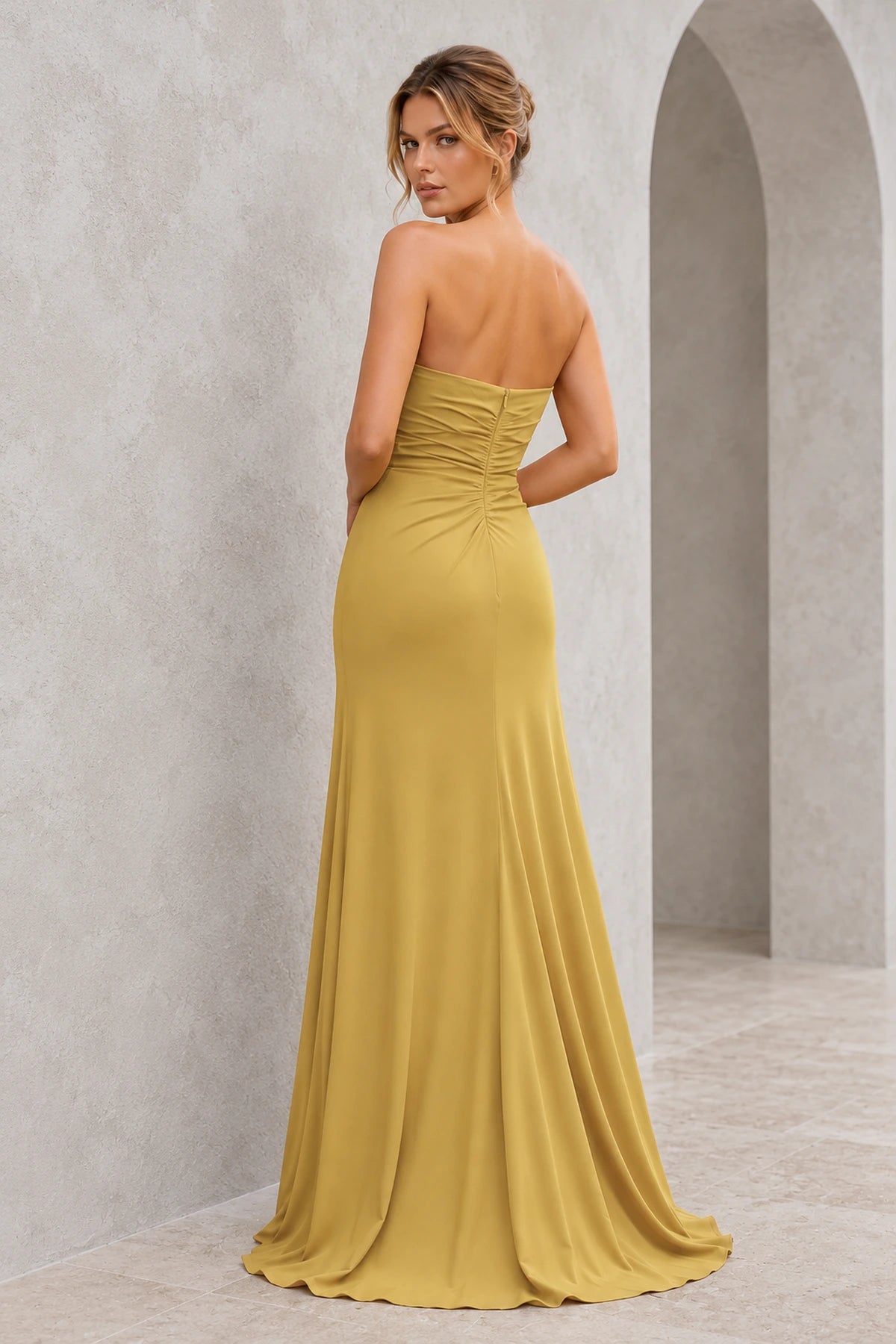 Radiant Satin Look Sheath Straight Neck Strapless Draped Long Prom Dress