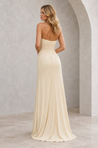 Radiant Satin Look Sheath Straight Neck Strapless Draped Long Prom Dress