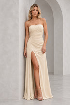 Radiant Satin Look Sheath Straight Neck Strapless Draped Long Prom Dress