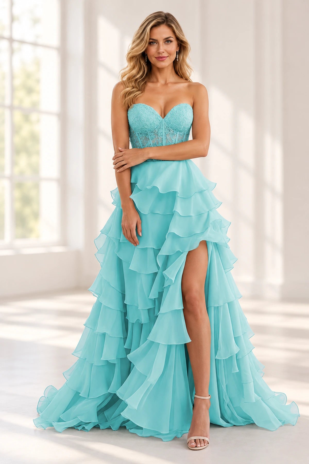 Elegant Chiffon Ball Gown Sweetheart Strapless Lace-Up Back Ruffle Prom Dress