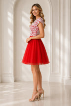 Red Lace Short A Line Tulle Homecoming Dress with Short Sleeves
