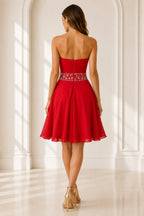Red short homecoming Dress with elegant back closure and A line skirt back view