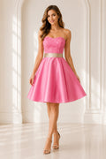 Pink short homecoming Dress with lace bodice and satin A line skirt front view