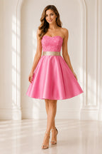Pink short homecoming Dress with lace bodice and satin A line skirt front view