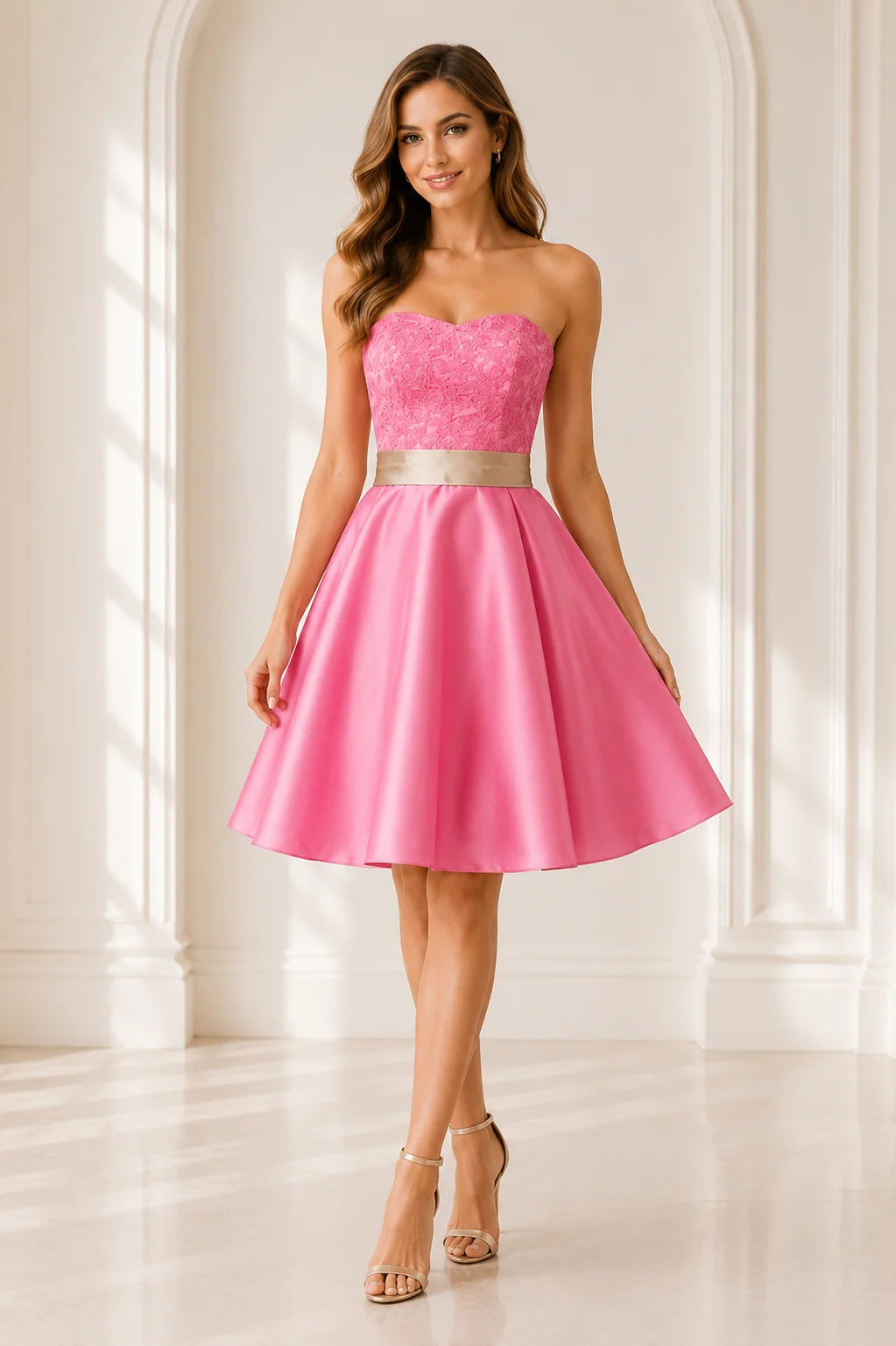 Pink short homecoming Dress with lace bodice and satin A line skirt front view