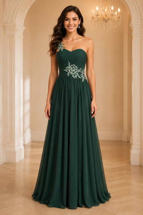 Dark green chiffon sweetheart neck long A line mother of the bride Dress front view