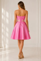 Pink short homecoming Dress with lace up back and satin A line skirt back view