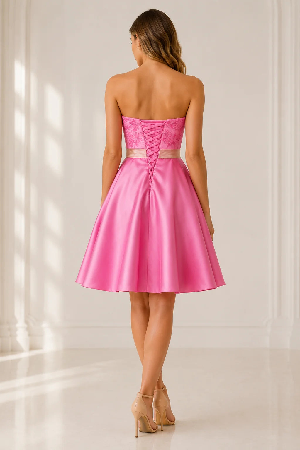 Pink short homecoming Dress with lace up back and satin A line skirt back view
