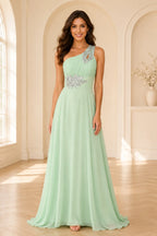 Mint green one shoulder prom dress with rhinestone details and A line skirt for elegant formal events GraceProm