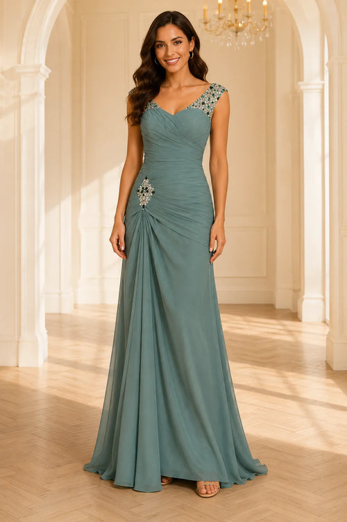 Dusty sage green V neck A line beaded mother of the bride Dress front view