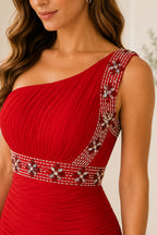 Red One Shoulder Homecoming Dress with Rhinestone Details and Chiffon Ruched Mini Skirt