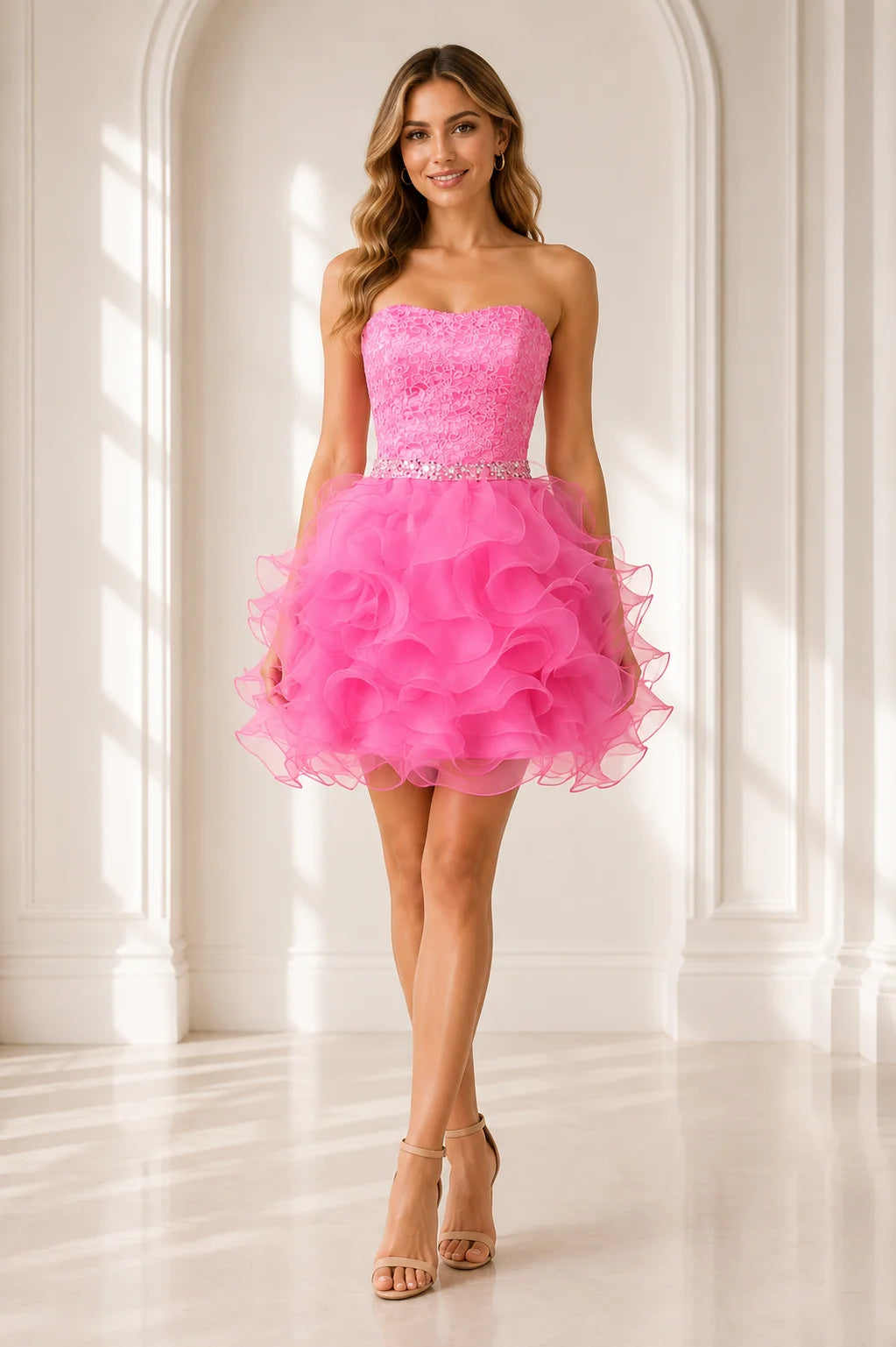 Pink short homecoming Dress with lace bodice and ruffled organza skirt front view