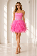 Pink short homecoming Dress with lace bodice and ruffled organza skirt front view