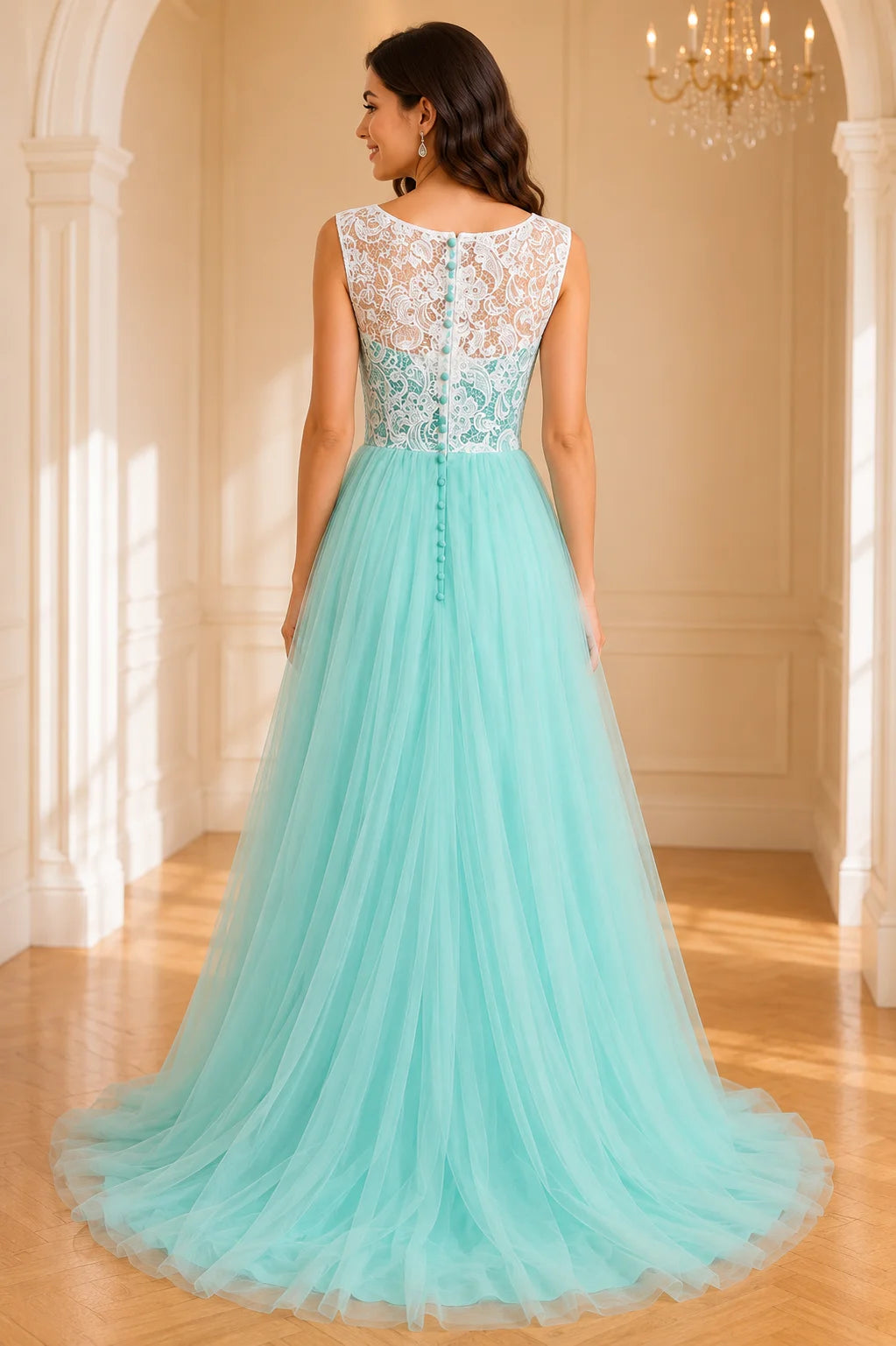 Mint green tulle formal Dress with lace back and button detail