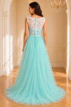 Mint green tulle formal Dress with lace back and button detail