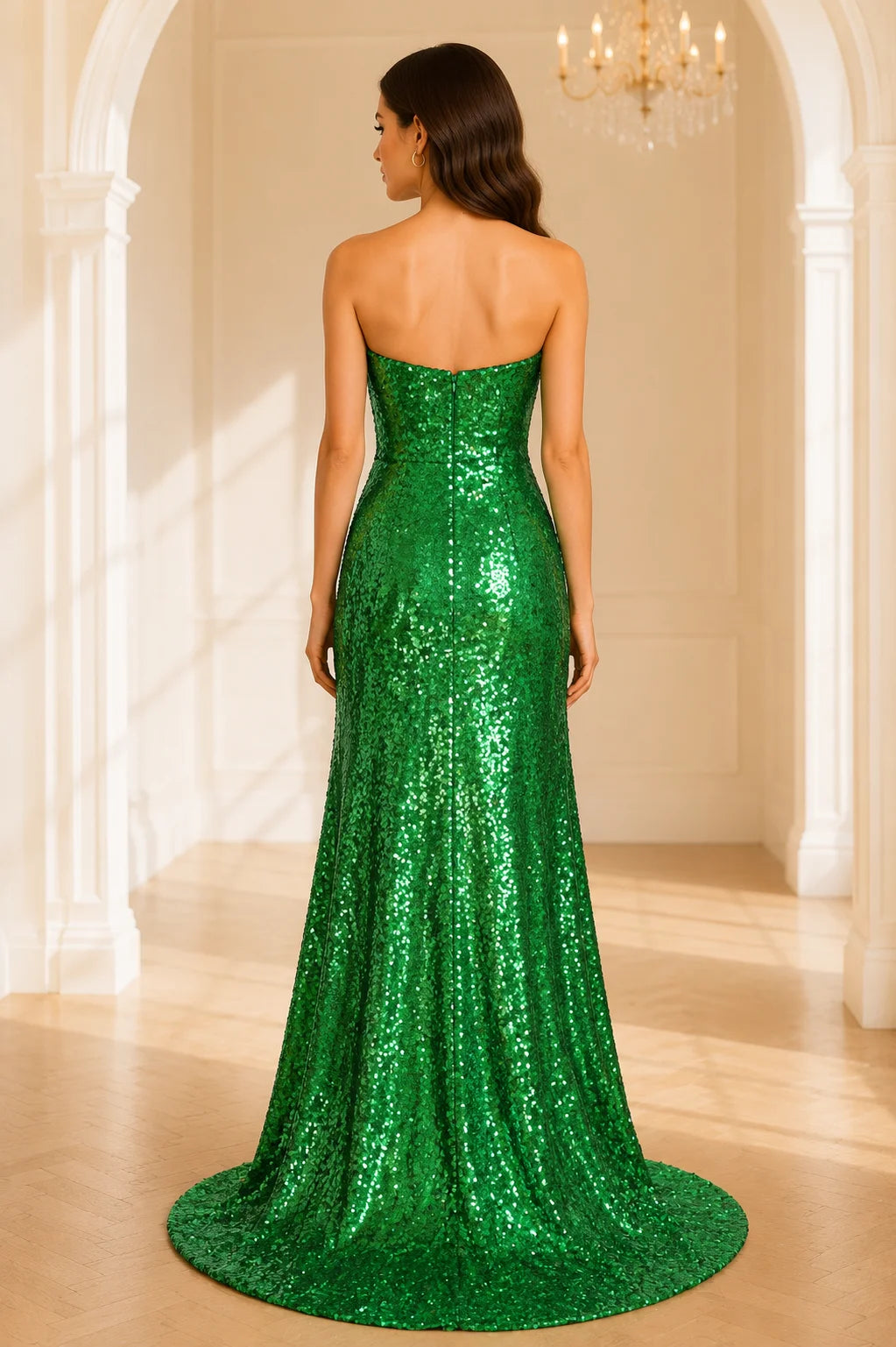 Emerald green strapless mermaid sequin formal Dress open back view