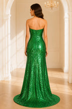 Emerald green strapless mermaid sequin formal Dress open back view