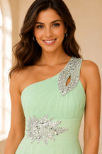 Mint Green One Shoulder Prom Dress with Rhinestone Detail A Line Evening Dress | Elegant Formal Dress for Prom Night