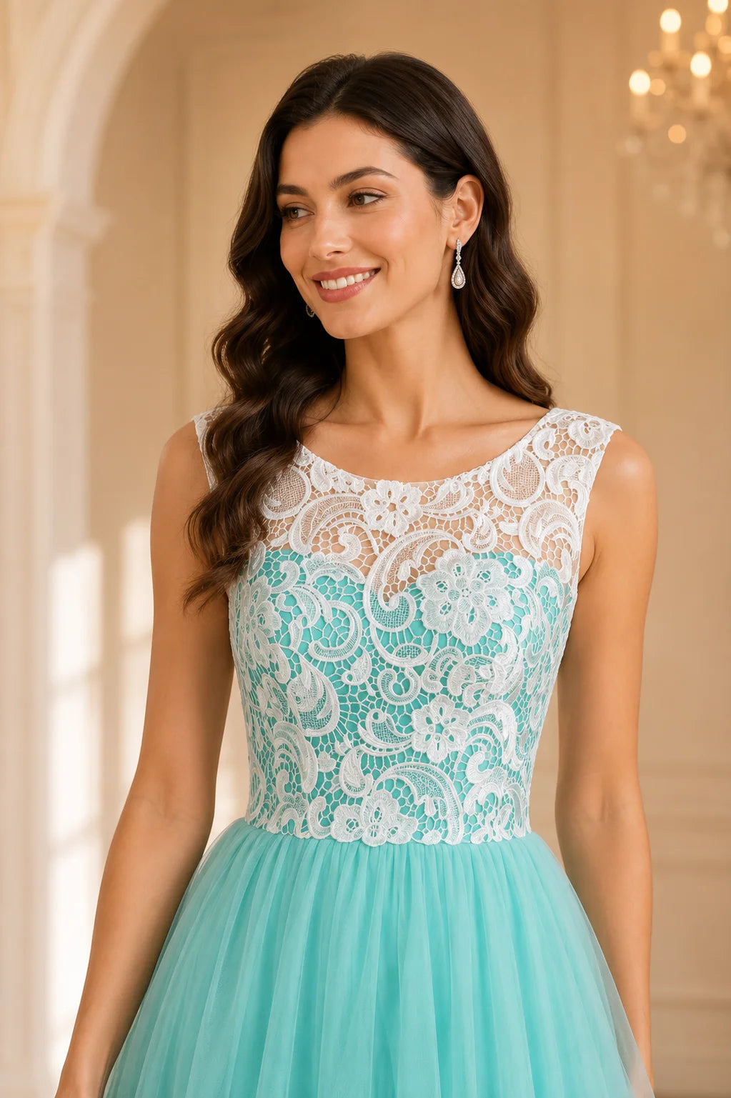 Mint Green Tulle Lace Boat Neck Long A Line Prom Dress
