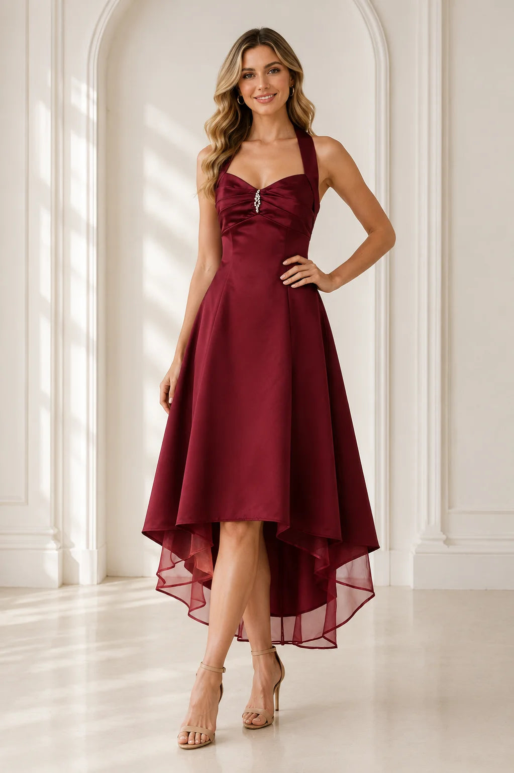 Burgundy satin high low A line cocktail Dress with sweetheart neckline front view