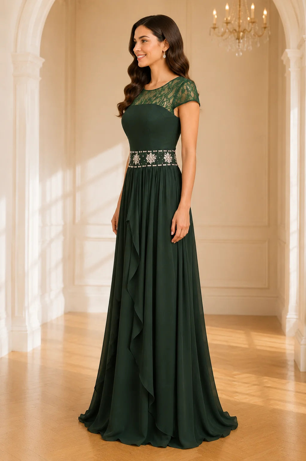 Dark Green Chiffon Lace Round Neck Long A Line Mother of the Bride Dress