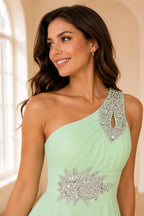 Mint Green One Shoulder Prom Dress with Rhinestone Detail A Line Evening Dress | Elegant Formal Dress for Prom Night