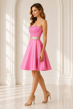 Pink Short Homecoming Dress with Lace Bodice and Satin A Line Skirt