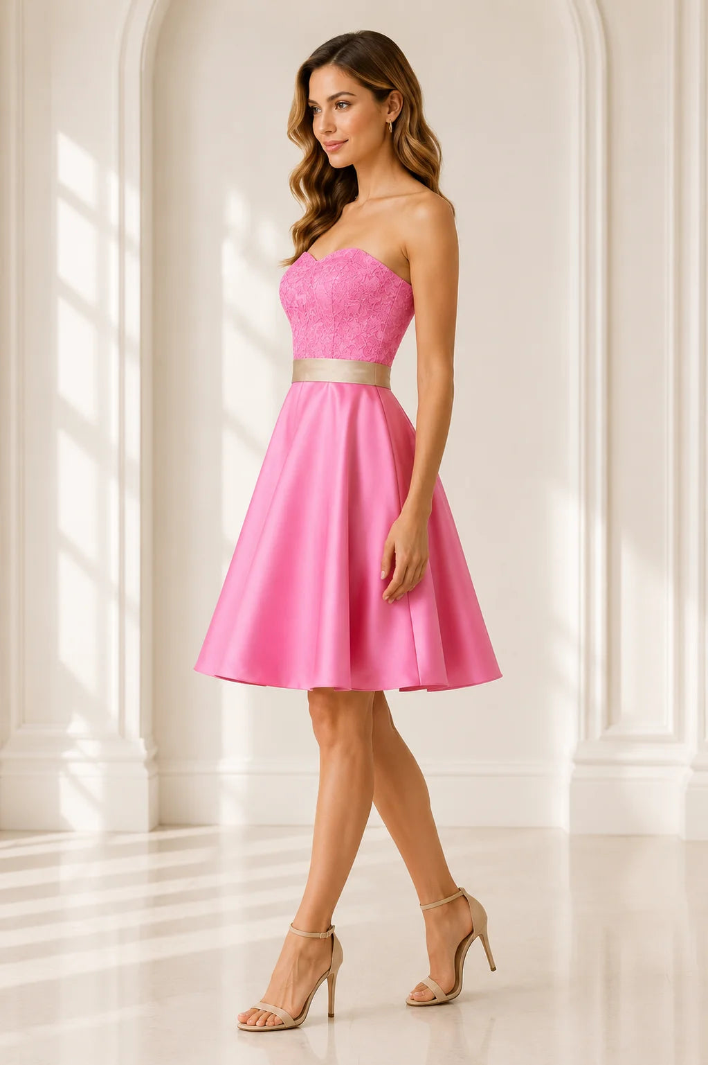 Pink Short Homecoming Dress with Lace Bodice and Satin A Line Skirt
