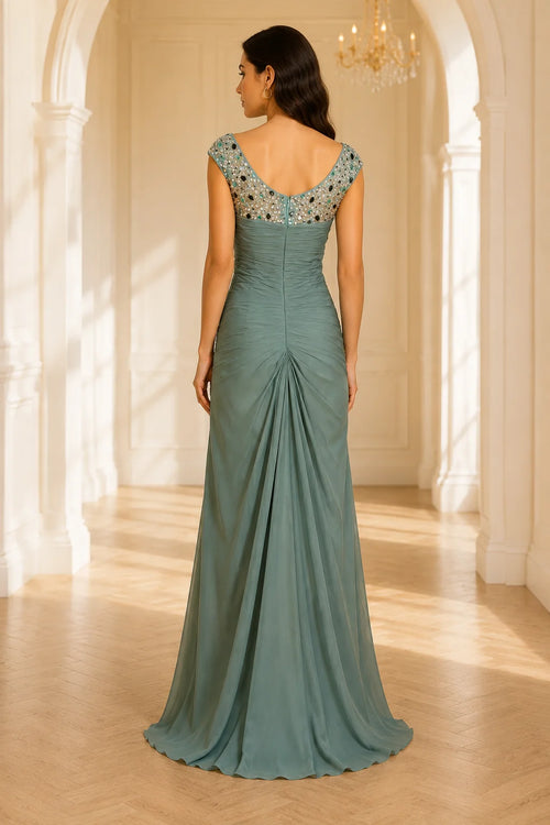 Dusty sage green A line formal Dress with beaded scoop back design