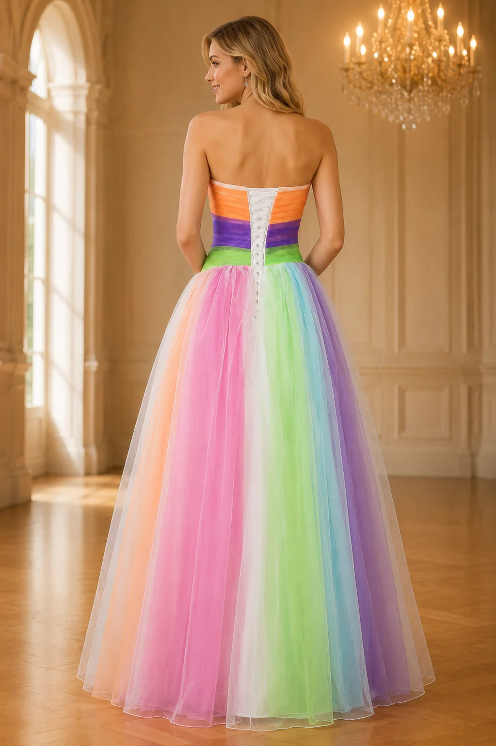 Rainbow tulle ball gown Dress with lace up back multicolor design