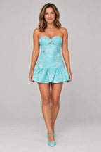 Romantic Fit and Flare Sweetheart Strapless Lace-Up Back Mini Homecoming Dress