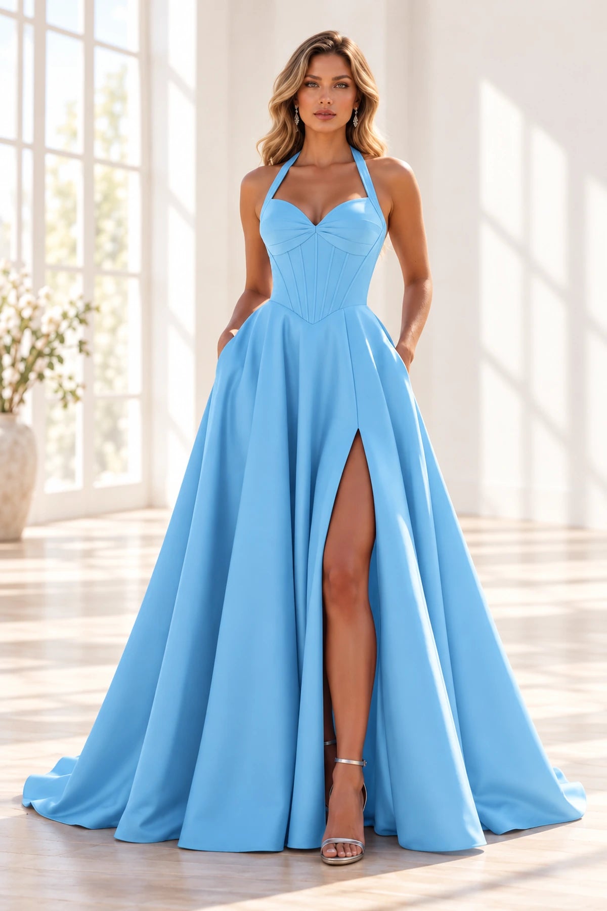 Elegant Satin A-Line Halter Sweetheart Sleeveless Lace-Up Back Long Prom Dress