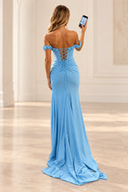 Baby blue sheath prom dress with an off shoulder rose neckline, paneled bodice, ruched waist, and high front slit.