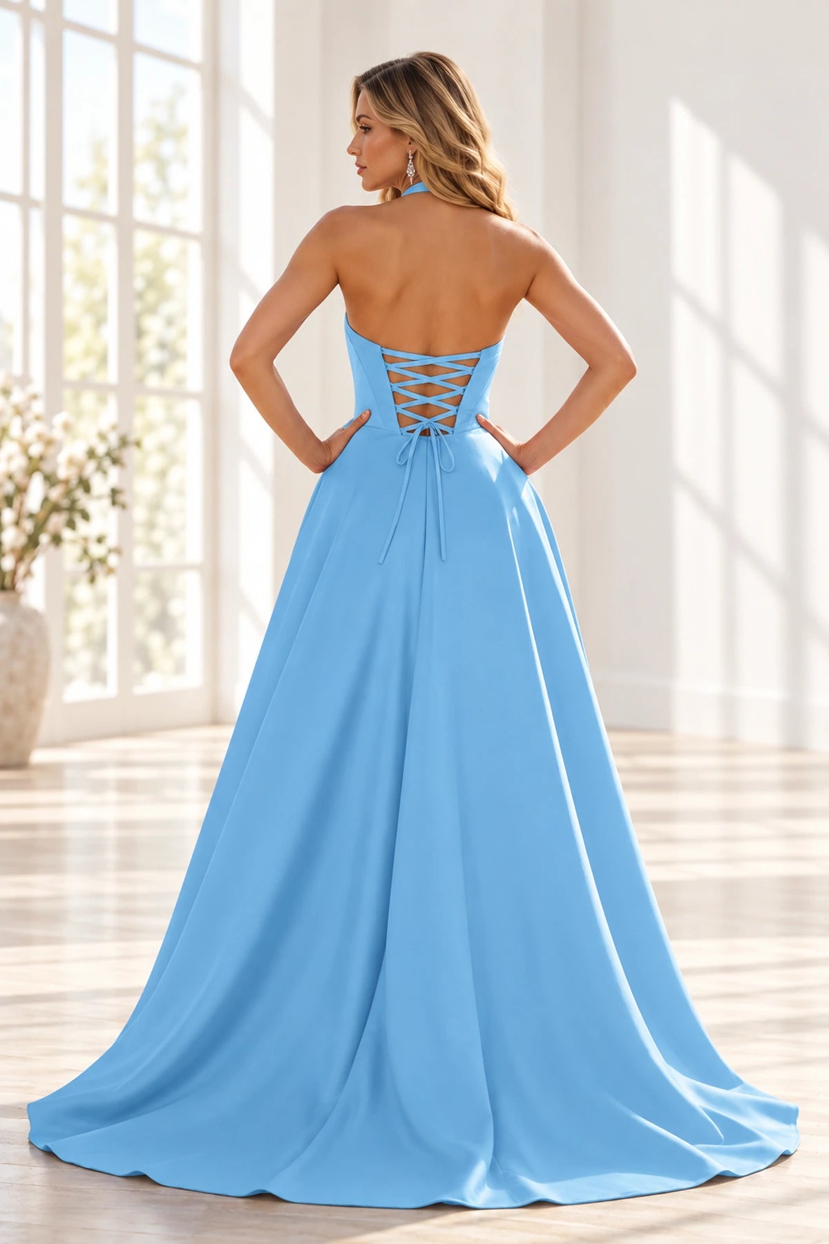 Elegant Satin A-Line Halter Sweetheart Sleeveless Lace-Up Back Long Prom Dress