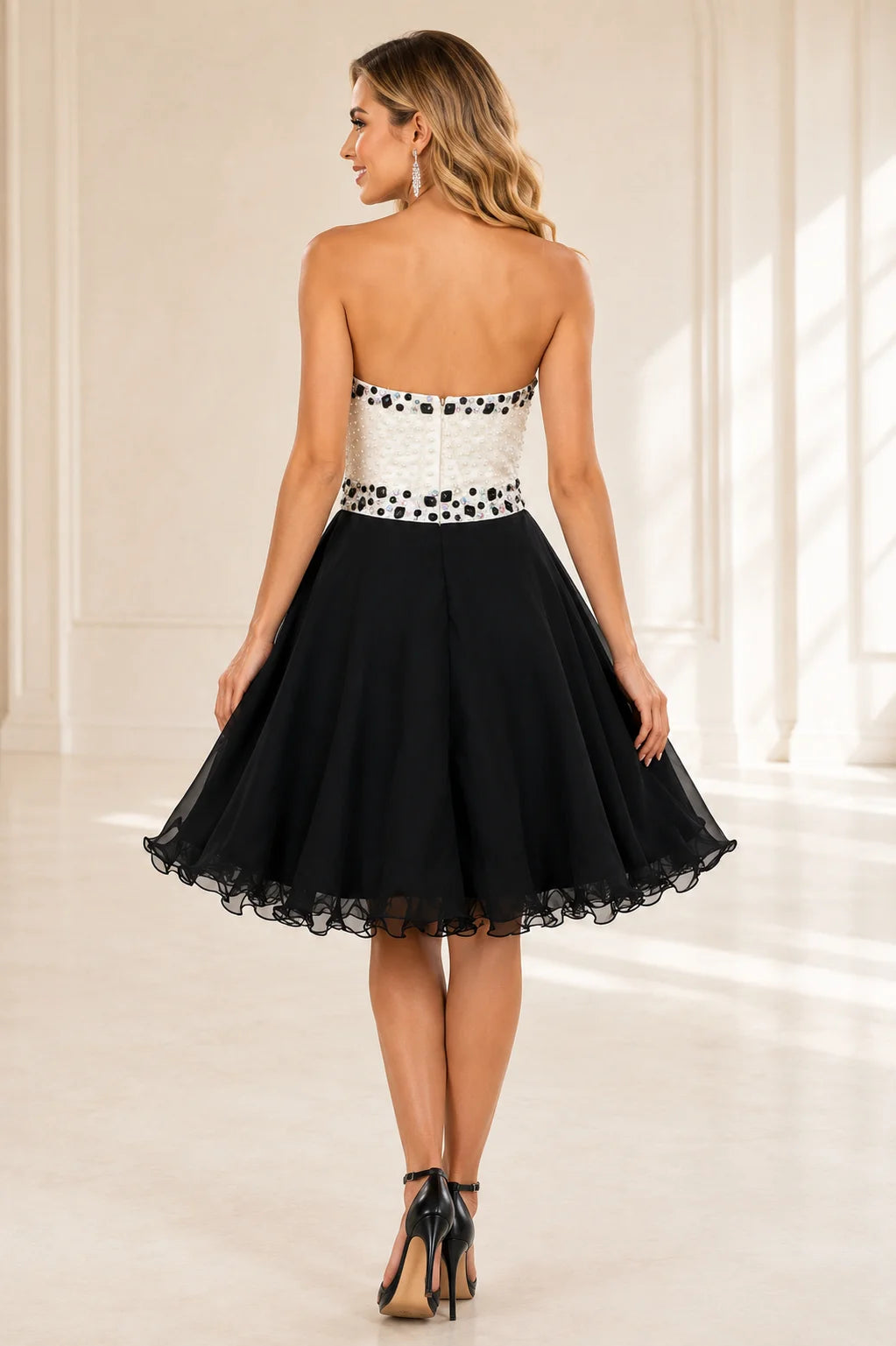 Black and White Homecoming Dress with Pearl Details
