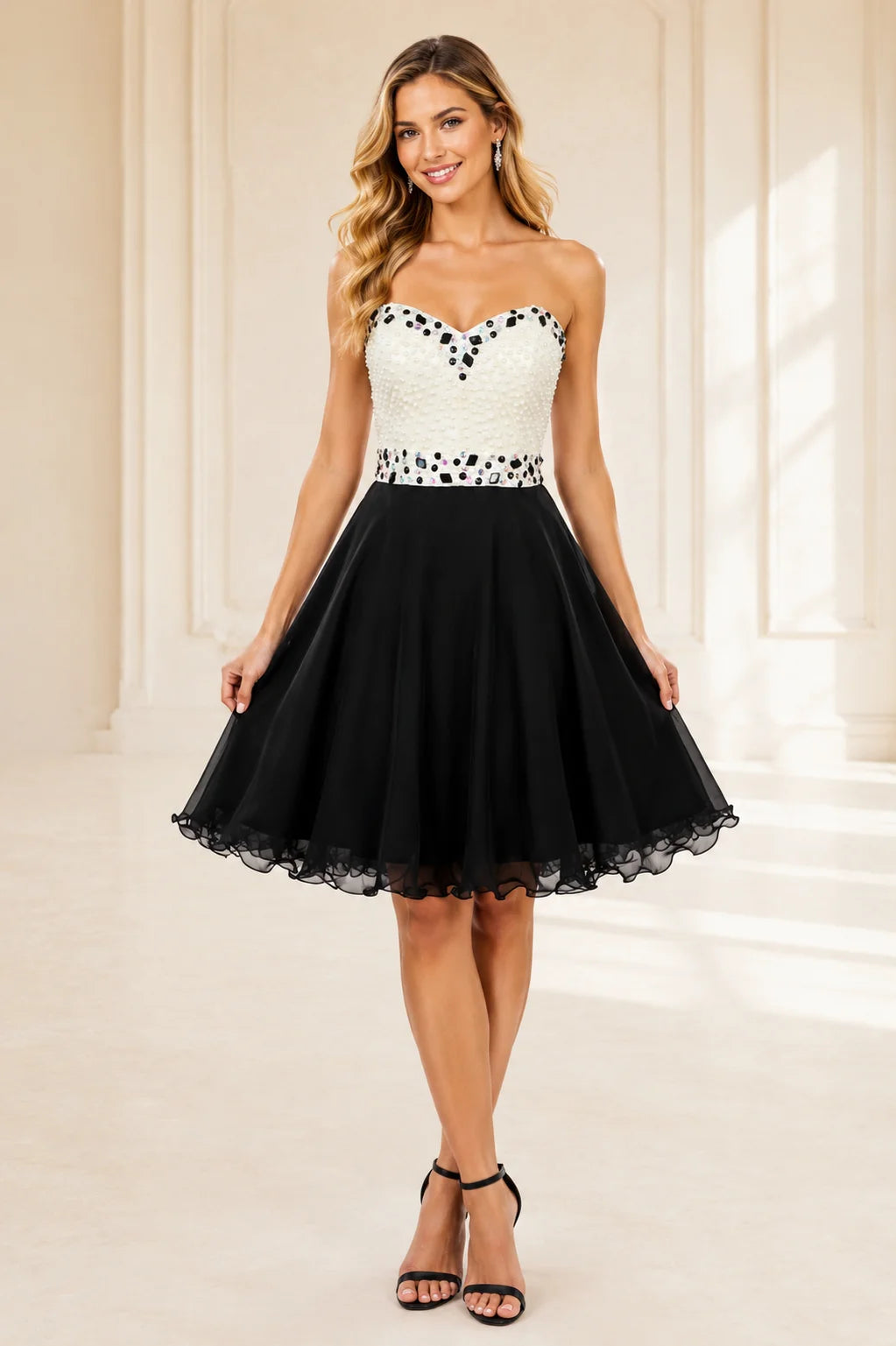 Black and White Homecoming Dress with Pearl Details