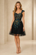 Black Embroidered Homecoming Dress with Short Sleeves and A Line Tulle Skirt