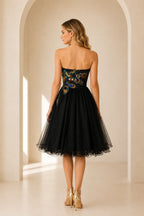 Black tulle short homecoming Dress with embroidered back detail and A line skirt back view
