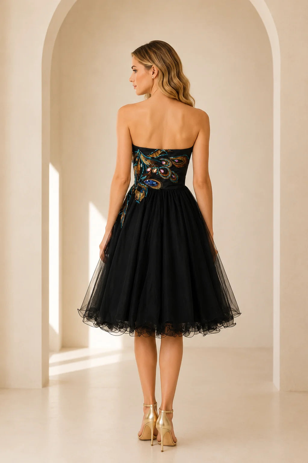 Black tulle short homecoming Dress with embroidered back detail and A line skirt back view
