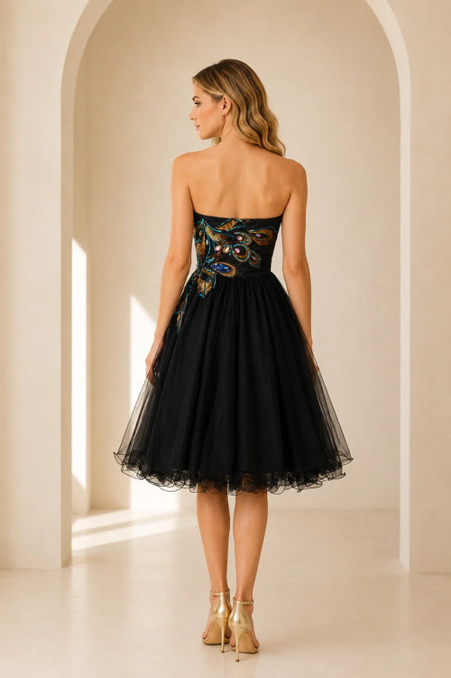 Black tulle short homecoming Dress with embroidered back detail and A line skirt back view