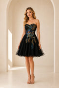 Black tulle homecoming Dress with peacock embroidery sweetheart neckline A line skirt front view