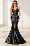 Elegant Satin Mermaid V-Neck Spaghetti Strap Lace-Up Back Prom Dress