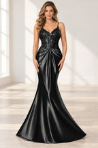Elegant Satin Mermaid V-Neck Spaghetti Strap Lace-Up Back Prom Dress