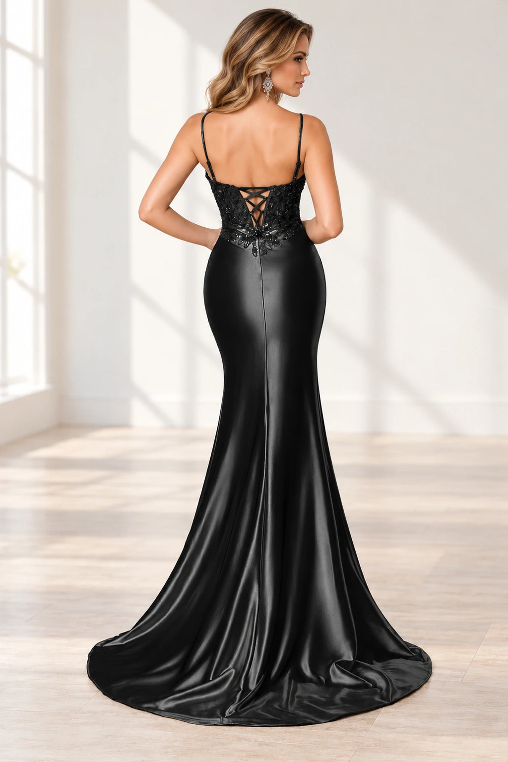 Elegant Satin Mermaid V-Neck Spaghetti Strap Lace-Up Back Prom Dress