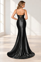 Elegant Satin Mermaid V-Neck Spaghetti Strap Lace-Up Back Prom Dress