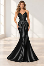 Elegant Satin Mermaid V-Neck Spaghetti Strap Lace-Up Back Prom Dress
