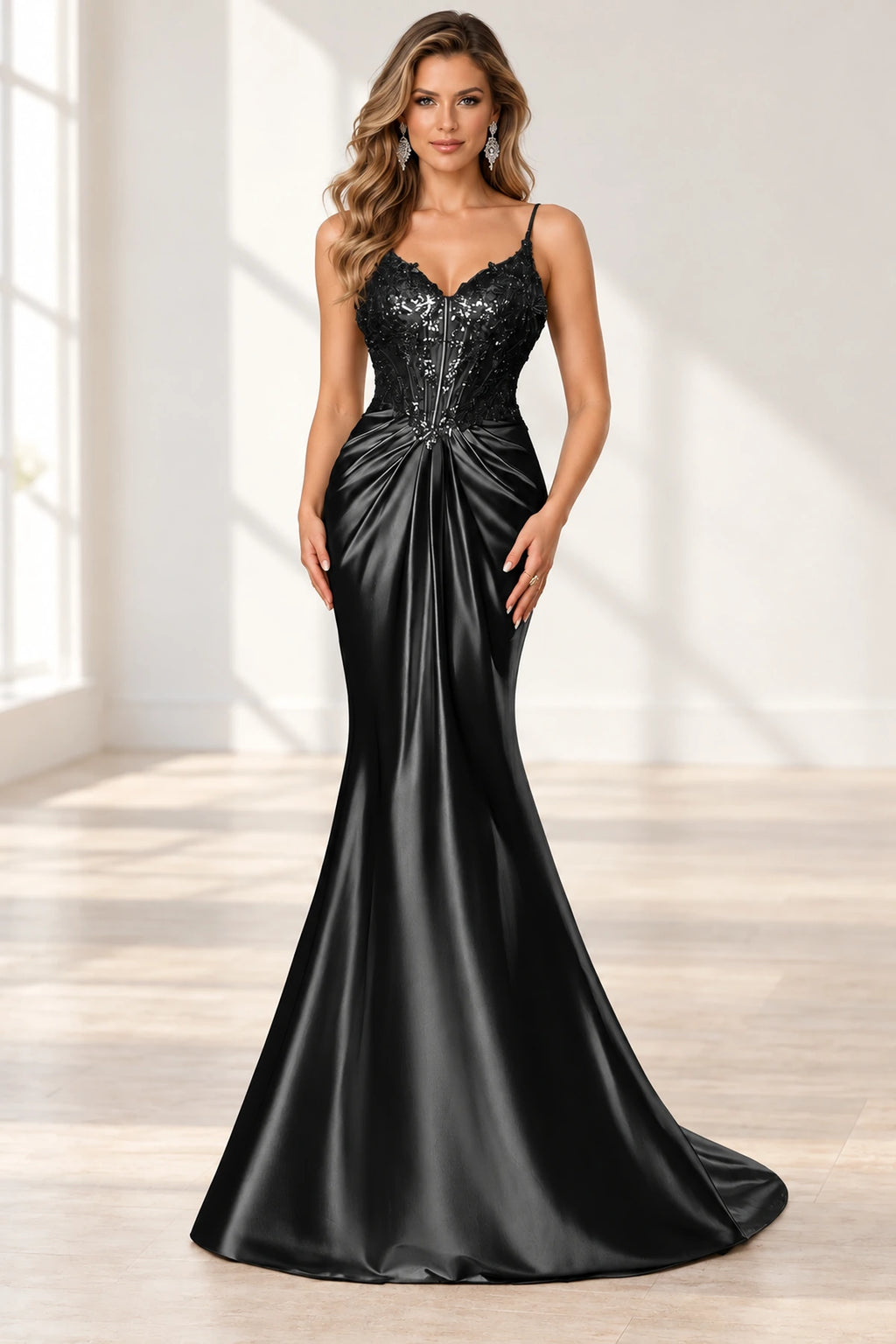 Elegant Satin Mermaid V-Neck Spaghetti Strap Lace-Up Back Prom Dress