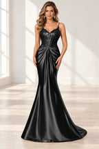 Elegant Satin Mermaid V-Neck Spaghetti Strap Lace-Up Back Prom Dress