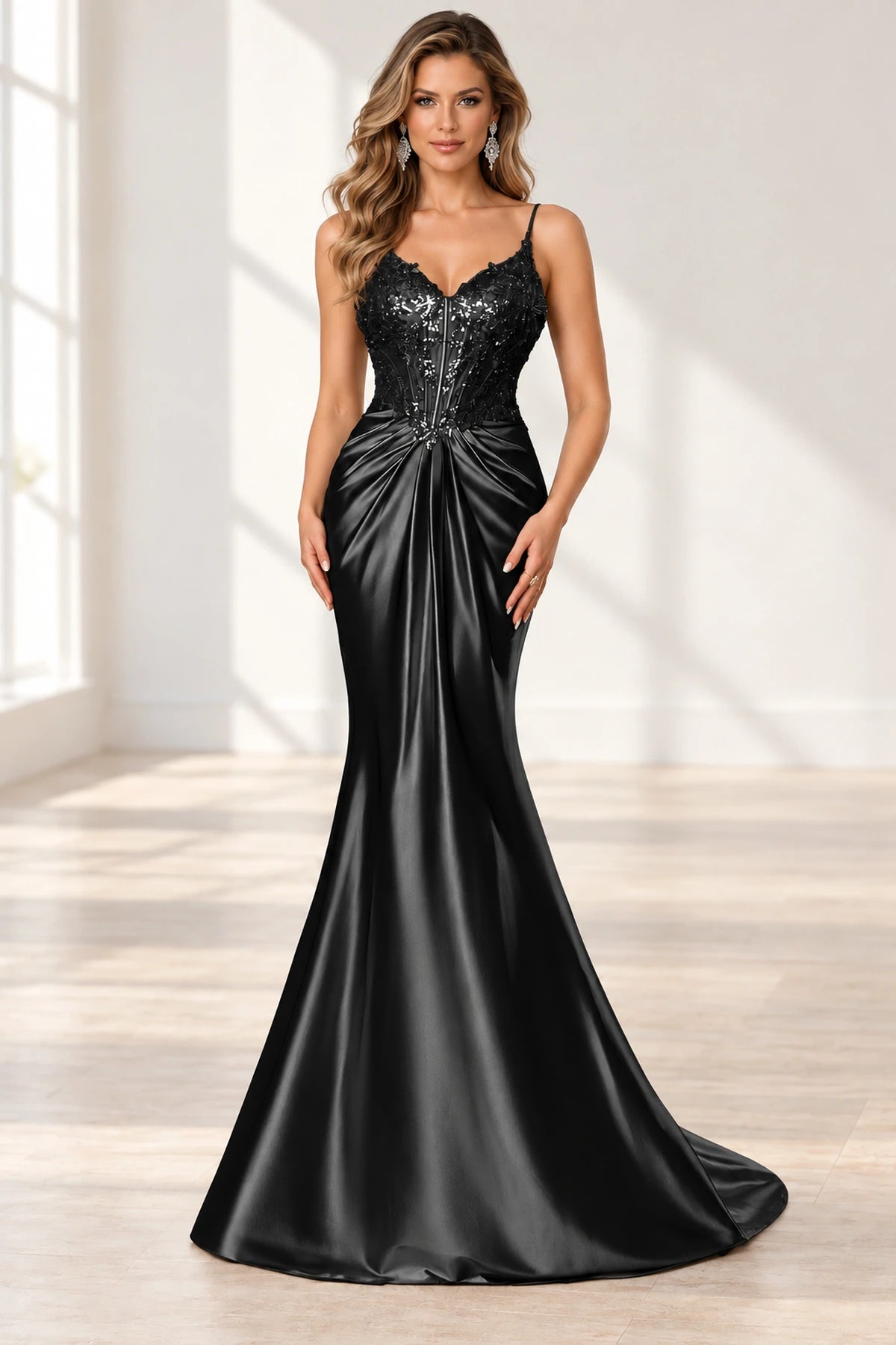 Elegant Satin Mermaid V-Neck Spaghetti Strap Lace-Up Back Prom Dress