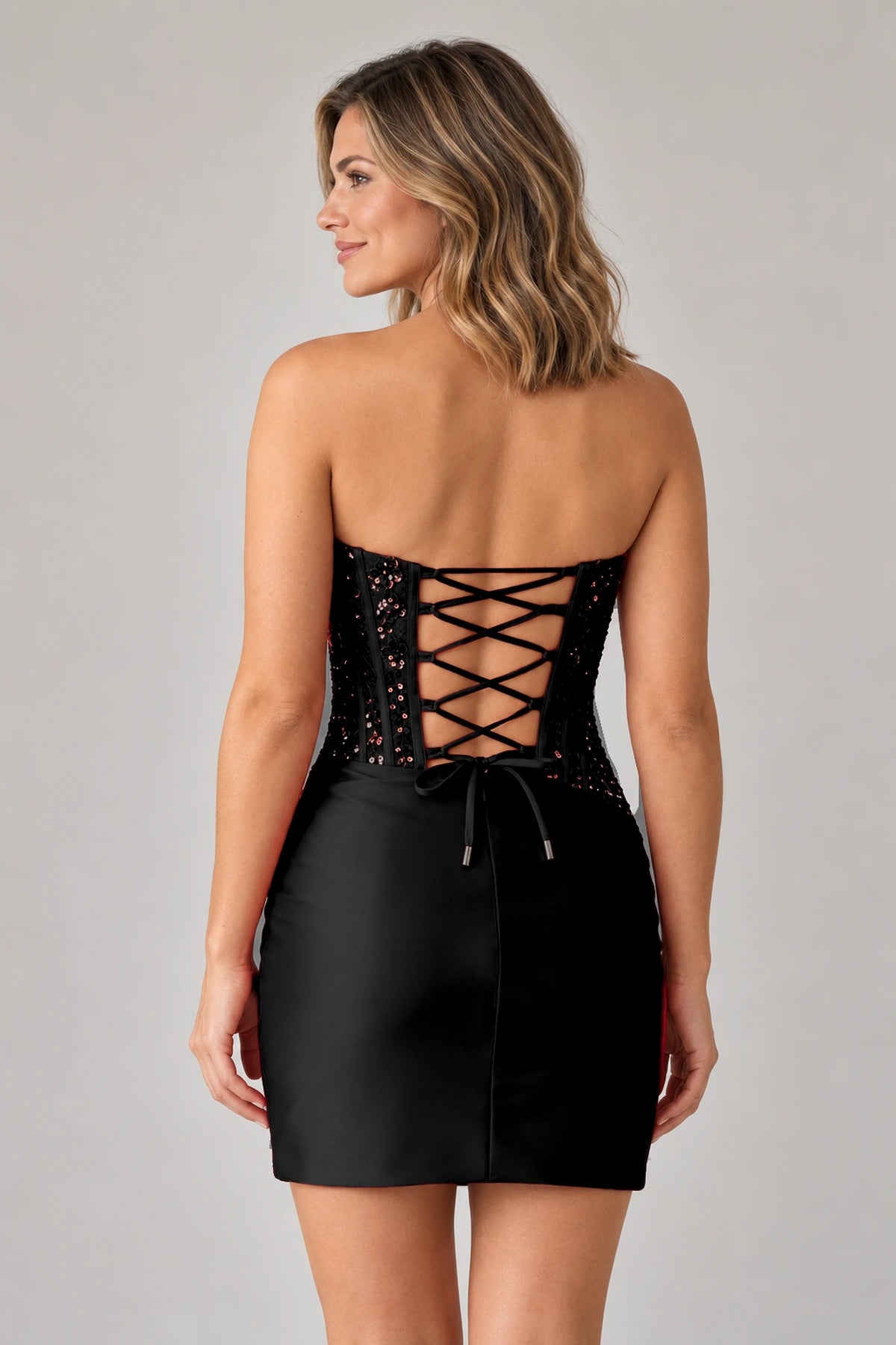 Elegant Sheath Straight Neck Strapless Lace-Up Back Mini Homecoming Dress
